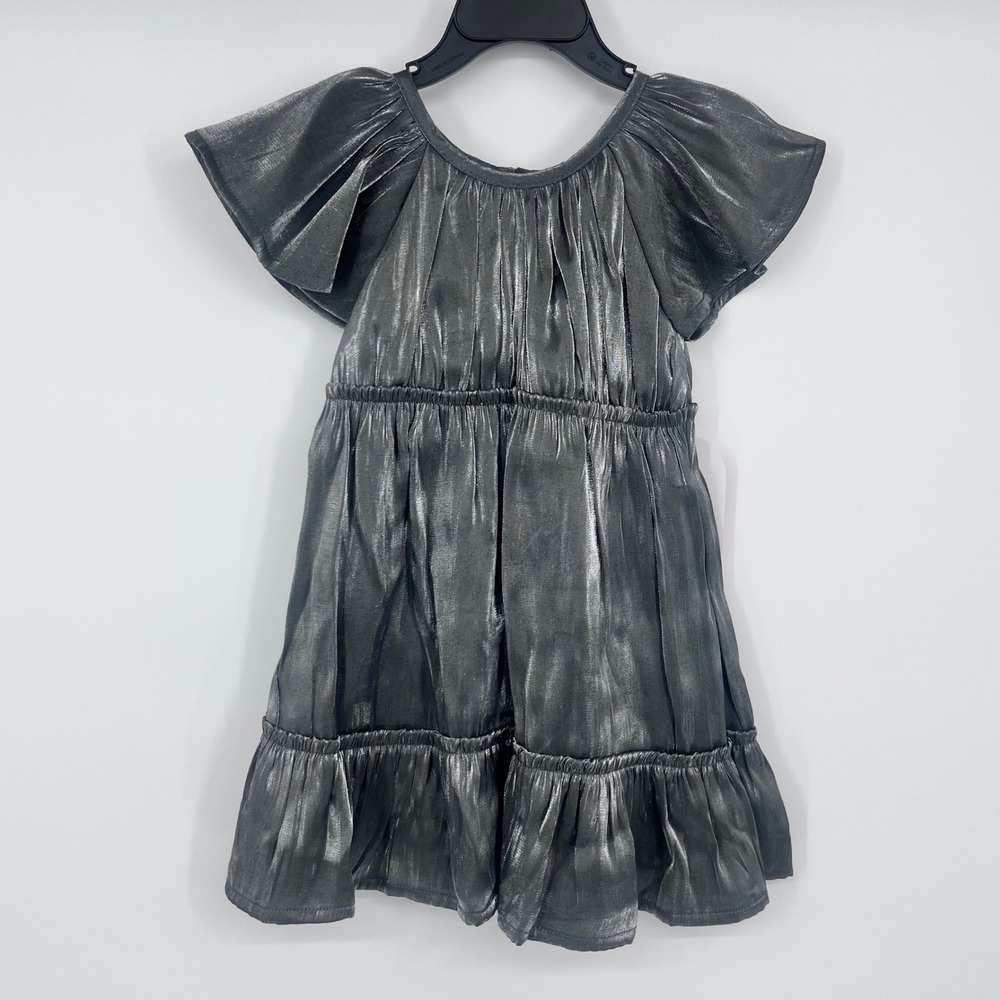 Gunmetal Silver Metallic Tiered‎ Flutter Sleeve Dress Girls 3T Holiday Festive